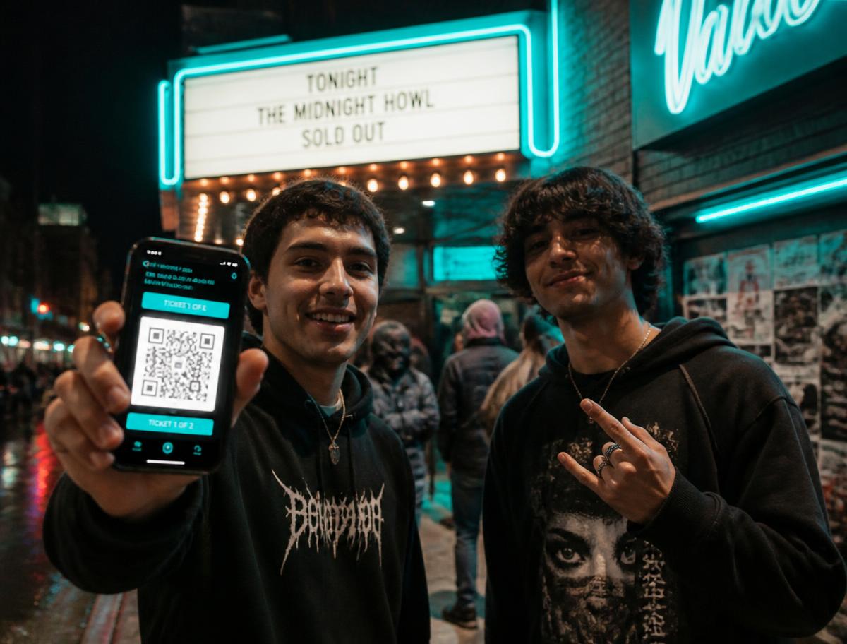 Two young friends outside a venue at night, one holding up a phone showing a tourQticket QR code